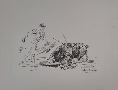 Roberto Domingo y Fallola - Fuentes Bejarano, famoso por sus estocadas, viendo morir a su toro - Gravure signée 2