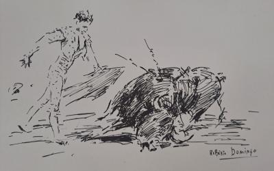 Roberto Domingo y Fallola - Fuentes Bejarano, famoso por sus estocadas, viendo morir a su toro - Gravure signée 2