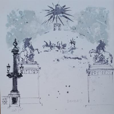 Jean-Paul Brusset - Les Champs Elysées, Chevaux de Marly et l’Arc du Triomphe de l’Etoile - Lithographie originale signée et numérotée par l’artiste 2
