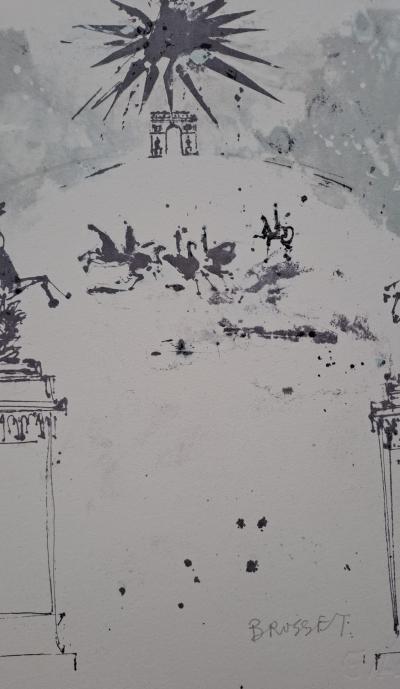 Jean-Paul Brusset - Les Champs Elysées, Chevaux de Marly et l’Arc du Triomphe de l’Etoile - Lithographie originale signée et numérotée par l’artiste 2
