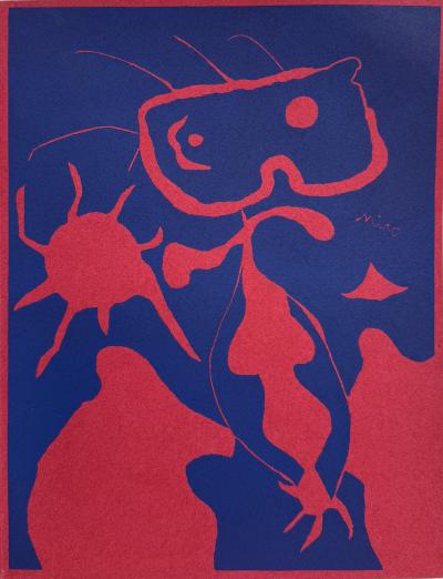 Joan MIRO - Homme au soleil rouge - Linogravure originale signée