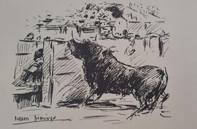 Roberto Domingo y Fallola - Salida del toro, buscando a un peon detras del burladero - Gravure signée 2