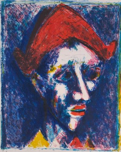 Bernard Lorjou - Le clown au chapeau rouge - Lithographie originale signée au crayon 2