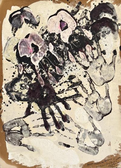 Jan MEIJER - Empreintes de mains, 1981 - Huile sur papier signée 2