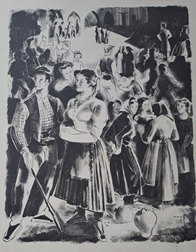 Marte Bas - Place du village - Lithographie, signée 2
