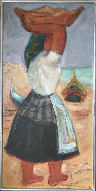 Serge DELAVEAU - La pêcheuse portugaise,années 80 - Huile sur touille signée 2