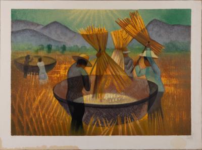 Louis TOFFOLI : Batteurs de riz en Thaïlande - Lithographie originale signée 2