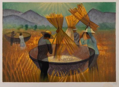 Louis TOFFOLI : Batteurs de riz en Thaïlande - Lithographie originale signée 2