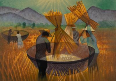 Louis TOFFOLI : Batteurs de riz en Thaïlande - Lithographie originale signée 2