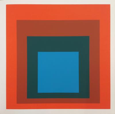 Josef ALBERS: Homage to the square blue + dark green with 2 reds - Color screen print 2
