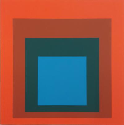 Josef ALBERS: Homage to the square blue + dark green with 2 reds - Color screen print 2