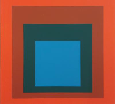 Josef ALBERS: Homage to the square blue + dark green with 2 reds - Color screen print 2