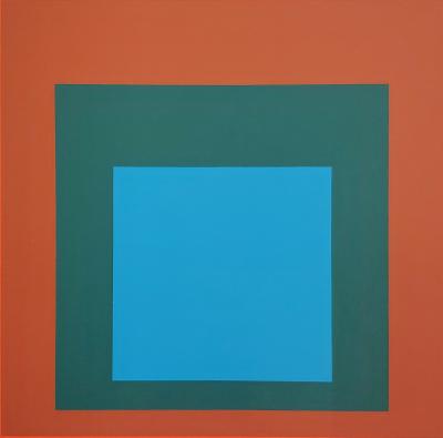 Josef ALBERS: Homage to the square blue + dark green with 2 reds - Color screen print 2