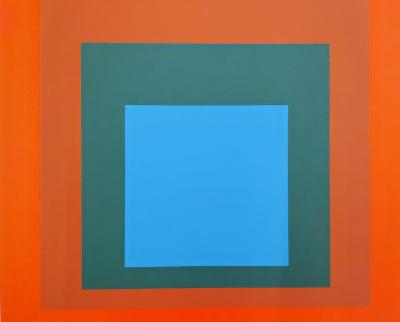 Josef ALBERS: Homage to the square blue + dark green with 2 reds - Color screen print 2