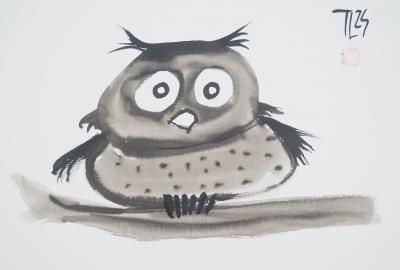Laszlo TIBAY : L’hibou perché sur sa branche - Dessin original signé 2