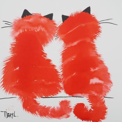 Laszlo TIBAY : Couple de chats amoureux - Dessin original signé 2