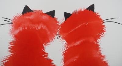 Laszlo TIBAY : Couple de chats amoureux - Dessin original signé 2