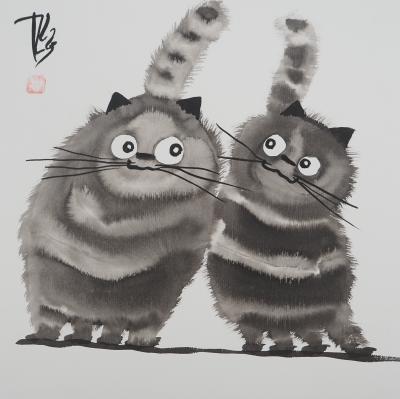 Laszlo TIBAY : Couple de chats - Dessin original signé 2