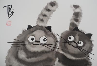 Laszlo TIBAY : Couple de chats - Dessin original signé 2