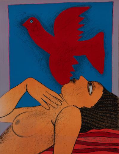 Guillaume CORNEILLE : Femme à l’oiseau rouge - Lithographie originale signée et dédicacée 2