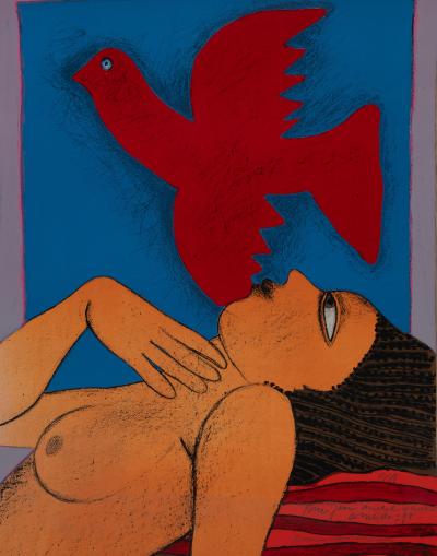 Guillaume CORNEILLE : Femme à l’oiseau rouge - Lithographie originale signée et dédicacée 2