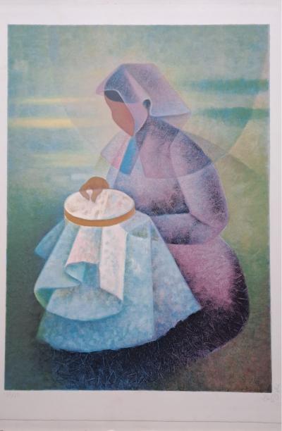 Louis Toffoli - La brodeuse - Lithographie originale signée et numérotée au crayon
