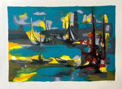 Marcel Mouly -  Les voiliers au port - Lithographie signée 2