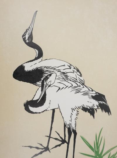 Mokuchu URUSHIBARA : Estampe japonaise, Les hérons (crème), Gravure sur bois signée 2