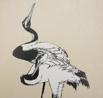 Mokuchu URUSHIBARA : Estampe japonaise, Les hérons (crème), Gravure sur bois signée 2