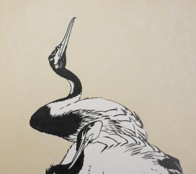 Mokuchu URUSHIBARA : Estampe japonaise, Les hérons (crème), Gravure sur bois signée 2
