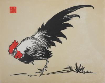 Mokuchu URUSHIBARA : Estampe japonaise, Le coq, Gravure sur bois signée 2