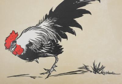 Mokuchu URUSHIBARA : Estampe japonaise, Le coq, Gravure sur bois signée 2