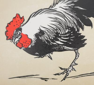 Mokuchu URUSHIBARA : Estampe japonaise, Le coq, Gravure sur bois signée 2
