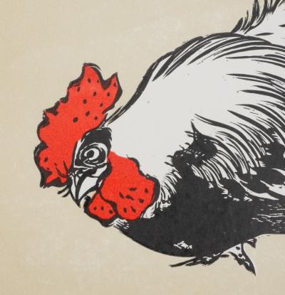 Mokuchu URUSHIBARA : Estampe japonaise, Le coq, Gravure sur bois signée 2