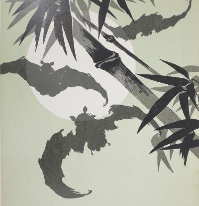 Mokuchu URUSHIBARA : Estampe japonaise, Les chauves-souris (vert et blanc), Gravure sur bois signée 2