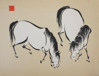 Mokuchu URUSHIBARA : Estampe japonaise, Chevaux paissant (crème), Gravure sur bois signée 2