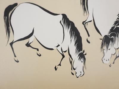 Mokuchu URUSHIBARA : Estampe japonaise, Chevaux paissant (crème), Gravure sur bois signée 2