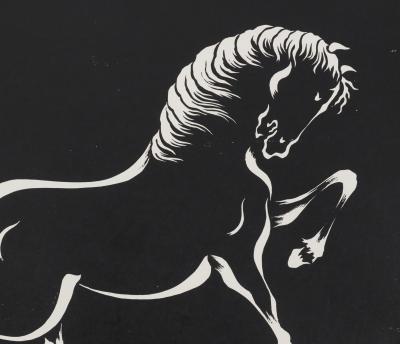 Mokuchu URUSHIBARA : Estampe japonaise, Cheval caracolant (noir), Gravure sur bois signée 2