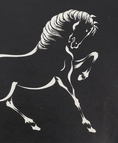 Mokuchu URUSHIBARA : Estampe japonaise, Cheval caracolant (noir), Gravure sur bois signée 2