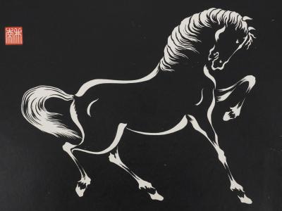 Mokuchu URUSHIBARA : Estampe japonaise, Cheval caracolant (noir), Gravure sur bois signée 2