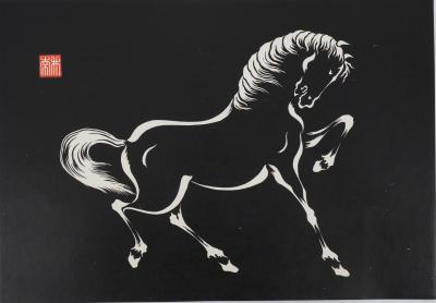 Mokuchu URUSHIBARA : Estampe japonaise, Cheval caracolant (noir), Gravure sur bois signée 2