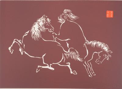Mokuchu URUSHIBARA : Estampe japonaise, Couple de chevaux jouant (rouge), Gravure sur bois signée 2