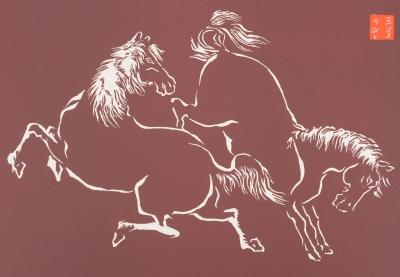 Mokuchu URUSHIBARA : Estampe japonaise, Couple de chevaux jouant (rouge), Gravure sur bois signée 2