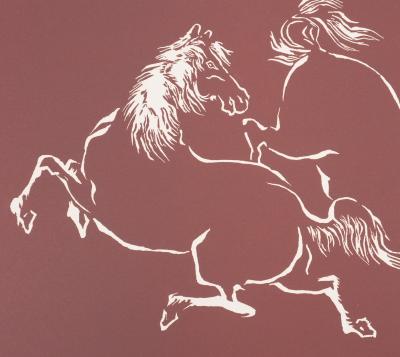 Mokuchu URUSHIBARA : Estampe japonaise, Couple de chevaux jouant (rouge), Gravure sur bois signée 2
