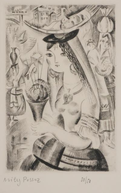 Mily POSSOZ : Jeune fille au bouquet de basilique - Gravure originale signée 2