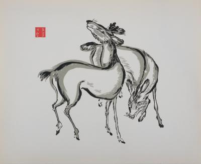 Mokuchu URUSHIBARA : Estampe japonaise, Les biches de Nara, Gravure sur bois signée 2