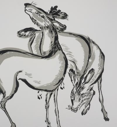 Mokuchu URUSHIBARA : Estampe japonaise, Les biches de Nara, Gravure sur bois signée 2