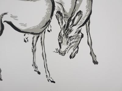 Mokuchu URUSHIBARA : Estampe japonaise, Les biches de Nara, Gravure sur bois signée 2