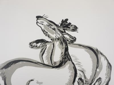 Mokuchu URUSHIBARA : Estampe japonaise, Les biches de Nara, Gravure sur bois signée 2