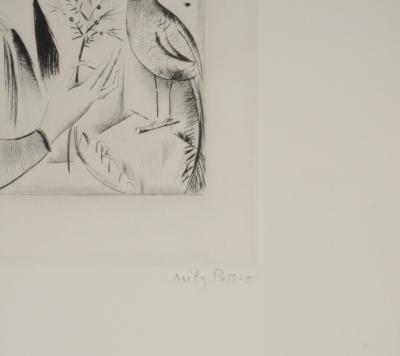 Mily POSSOZ : Jeunes femmes à la perruche - Gravure originale signée 2